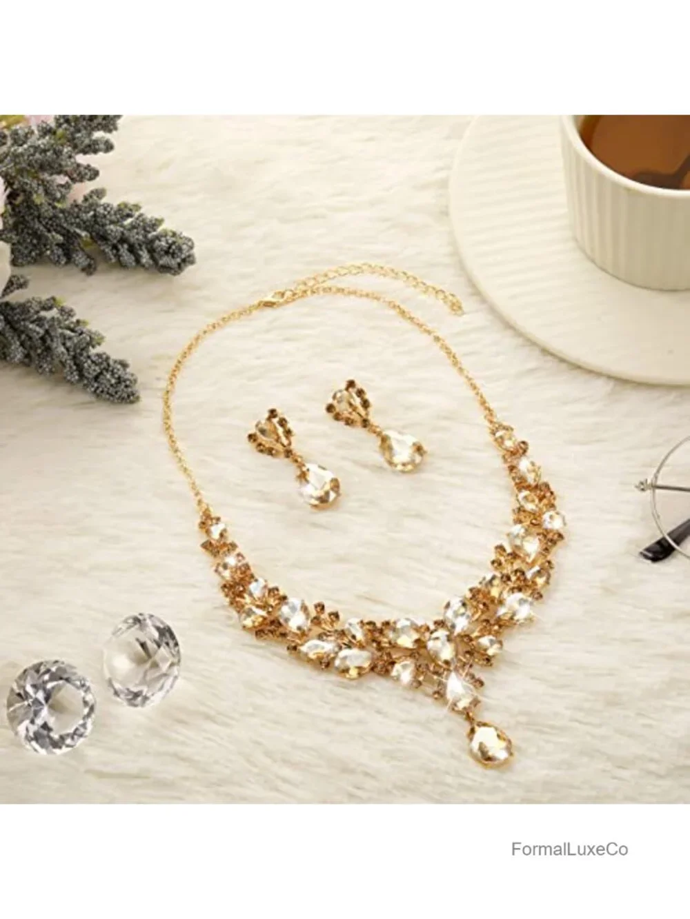Teardrop Crystal Necklace & Earrings Set Bridal Wedding Jewelry Alloy